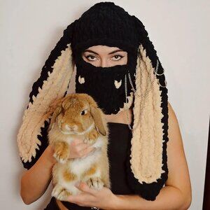 Women's Black Grey Bunny Hat Knit Plush Long Ears Fluffy Cosplay Party Hat
